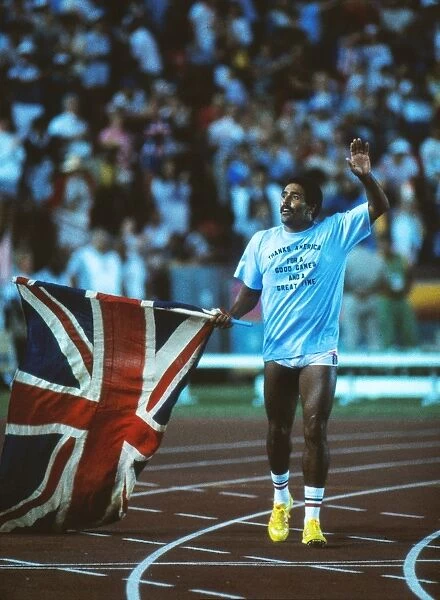 Print of Daley Thompson wins the decathlon 100m at the 1984 Los Angeles  Olympics