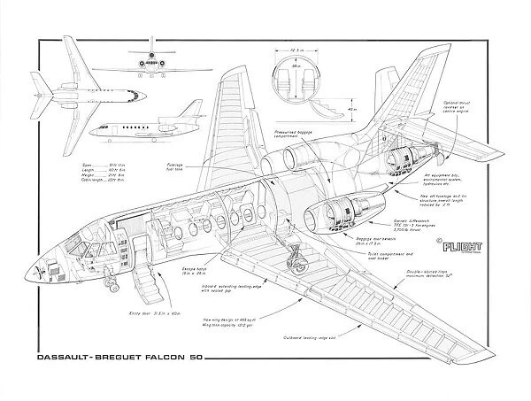 Dassault Falcon 50 MC Cutaway Drawing For sale as Framed Prints