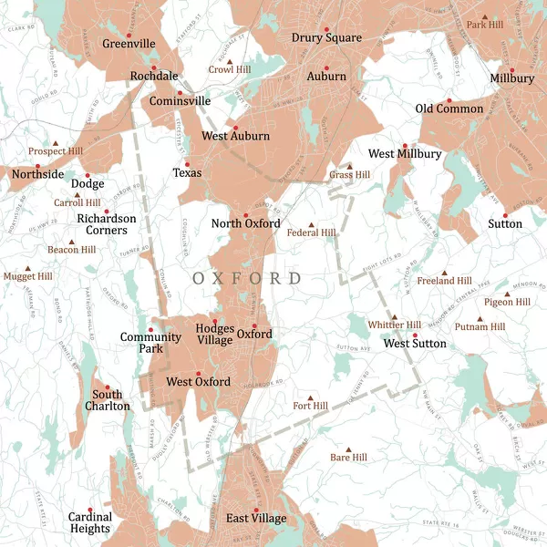 MA Worcester Oxford Vector Road Map. All source data is in