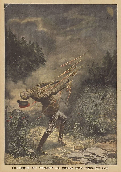 A man killed by lightning while flying a kite (colour litho)