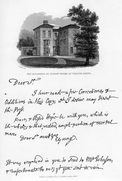 A letter from Edward Young, and a view of his residence at Welwyn, Hertfordshire, 1740s, (1840). Artist: Edward Young