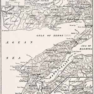 Detailed map of Gallipoli Peninsula and the Dardanelles Turkey, 1915, from The
