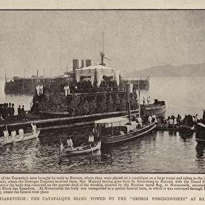 The Late Tsarevitch, the Catafalque being towed to the "Georgi Pobedonosetz"at Batoum (b / w photo)