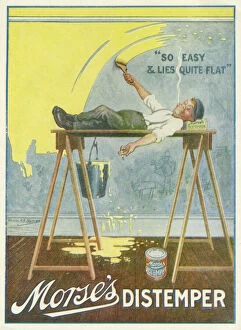 Lazy Collection: Advertisement for Morses distemper with a decorator lying flat while painting the walls