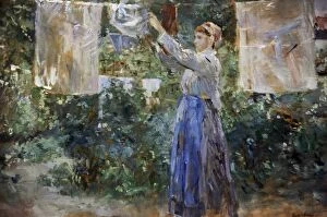 Berthe Morisot Framed Print Collection: Berthe Morisot (1841-1895). Peasant girl hanging clothes to