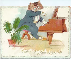 Potted Collection: Cat playing the piano on a Christmas card