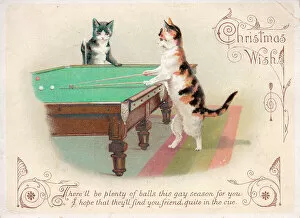 Cats Pillow Collection: Two cats playing billiards on a Christmas card
