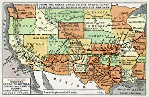 Kansas City Collection: Map, route of Santa Fe Railroad, USA