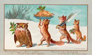 Poultry Collection: Owl and foxes carrying food on a Christmas card