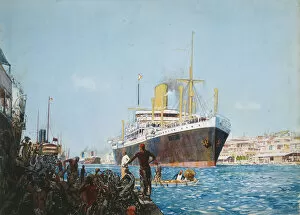 Watercolor paintings Collection: RMSP Cardiganshire Leaving Port Said, Homeward