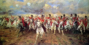 Historical paintings or illustrations related to Waterloo Collection: Scotland Forever! The Charge of the Scots Greys, the British heavy cavalry regiment that