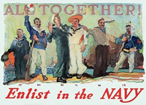 Related Images Photographic Print Collection: WW1 poster, Enlist in the Navy, All Together - Allied sailors of six nationalities