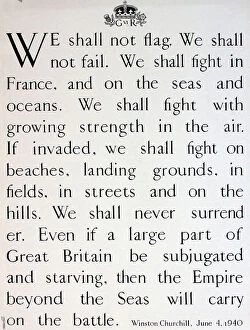 WW2 Fine Art Print Collection: WW2 poster, We shall not flag, Winston Churchill speech