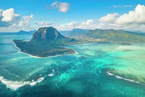 Africa Pillow Collection: Aerial view of Le Morne Brabant and the Underwater Waterfall optical illusion