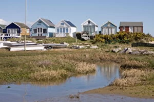 Related Images Cushion Collection: Beach huts on Mudeford Spit or Sandbank, Christchurch Harbour, Dorset, England
