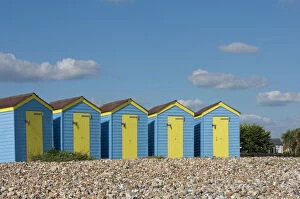 Littlehampton Metal Print Collection: Five blue beach huts with yellow doors, Littlehampton, West Sussex, England, United Kingdom, Europe
