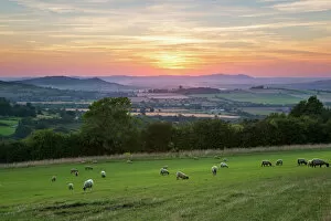 Related Images Collection: Cotswold landscape and distant Malvern Hills at sunset, Farmcote, Cotswolds, Gloucestershire