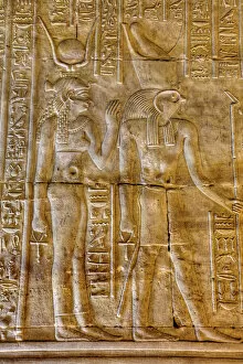 Monuments and landmarks Photographic Print Collection: Goddess Hathor on the left with God Horus on right, Bas Reliefs, Sanctuary of Horus