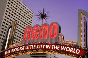 Reno Collection: Harrahs Casino and the neon Reno Arch on Virginia Street, Reno, Nevada