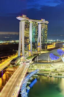 Marina Bay Sands Collection: The Helix Bridge and Marina Bay Sands Singapore at night, Marina Bay, Singapore, Southeast Asia