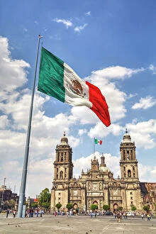 America Photo Mug Collection: Mexican flag, Plaza of the Constitution (Zocalo), Metropolitan Cathedral in background