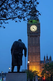 Westminster Cushion Collection: Sir Winston Churchill statue and Big Ben, Parliament Square, Westminster, London