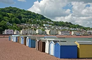 Coast Line Collection: Teignmouth beach huts and Shaldon, South Devon, England, United Kingdom, Europe