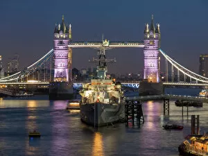 City of London Greetings Card Collection: Tower Bridge and HMS Belfast on the River Thames at dusk, London, England, United Kingdom