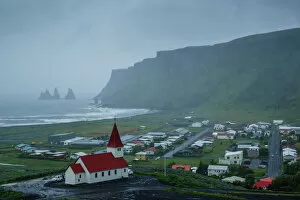 Religious Metal Print Collection: View over the village of Vik on a rainy day, Iceland, Polar Regions