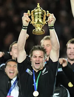 Rugby Greetings Card Collection: Richie McCaw lifts the Rugby World Cup