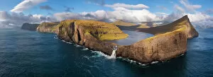 Aerial Views Canvas Print Collection: Aerial and Bosdalafossur waterfall and Sorvagsvatn, Sorvagsvatn, Vagar, Faroe Islands, Denmark