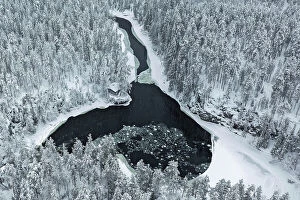 Rivers Fine Art Print Collection: Aerial of riverside hut & snow-covered forest, Oulanka National Park, Finland