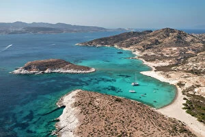 Coastal scenery paintings Collection: Aerial view of Ano Myrsini Bay in Polyaigos Island, near Milos and Kimolos Island
