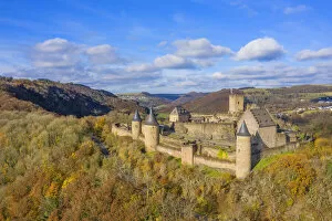 Luxembourg Pillow Collection: Aerial view at Bourscheid castle, Kanton Diekirch, Luxembourg