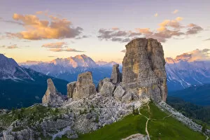 Nature-inspired art Greetings Card Collection: Aerial view of the Cinque Torri natural Park at sunset. Cortina d Ampezzo