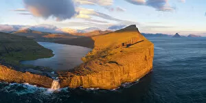Aerial Views Canvas Print Collection: aerial view taken by drone of Sorvagsvatn during sunset, Vagar, Faroe Islands, Denmark