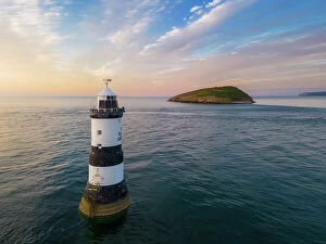 Ireland Collection: Aerial view of Trwyn Du Lighthouse at sunset, Llangoed, Gwynedd, Anglesey, Wales, Great Britain