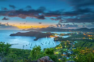 Coastal landscapes Greetings Card Collection: Caribbean, Antigua, English Harbour from Shirley Heights, Sunset