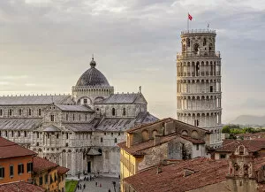 Pisa Greetings Card Collection: Cathedral and Leaning Tower at sunset, elevated view, Pisa, Tuscany, Italy