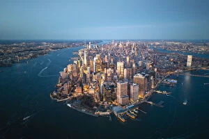 Vacations Collection: Manhattan, New York City, USA. Aerial view of Lower Manhattan at dusk