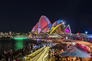 Australasia Collection: Opera Bar and Sydney Opera House illuminated with projections during Vivid Sydney