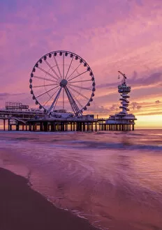 The Hague Collection: Pier and Ferris Wheel in Scheveningen, sunset, The Hague, South Holland, The Netherlands