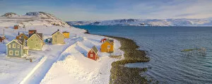 Norway Framed Print Collection: Snowy road in the coastal village of Veines, Kongsfjord, Varanger Peninsula