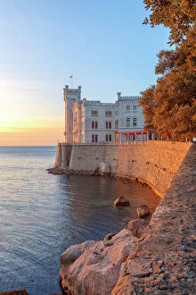 Seascapes Cushion Collection: Sunset at Miramare Castle, Trieste, Friuli-Venezia Giulia, Italy