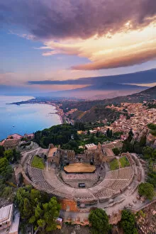 Italy Cushion Collection: Taormina, Sicily. Aerial view of the Greek theater with the Etna Volcano in the