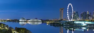 Singapore Flyer Collection: View of Singapore Flyer, Gardens by the Bay and Marina Bay Sands Hotel at dawn, Singapore