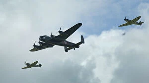 Spitfire Poster Print Collection: Lancaster Bomber with 2 Spitfire Fighter planes, 2011 Goodwood revival