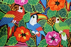 Parrot Greetings Card Collection: Central America, Panama, Cristobal. Kuna Indian traditional molas