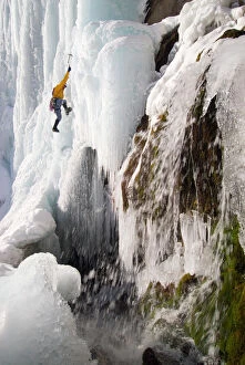 Waterfall art Cushion Collection: Daryn Ice Climbing Stewart Falls, Wasatch Mountains, near Provo and Sundance, Utah, USA