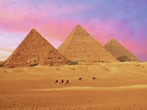 Iconic structures Jigsaw Puzzle Collection: Egypt, Cairo, Giza, View of all three Great Pyramids at sunset